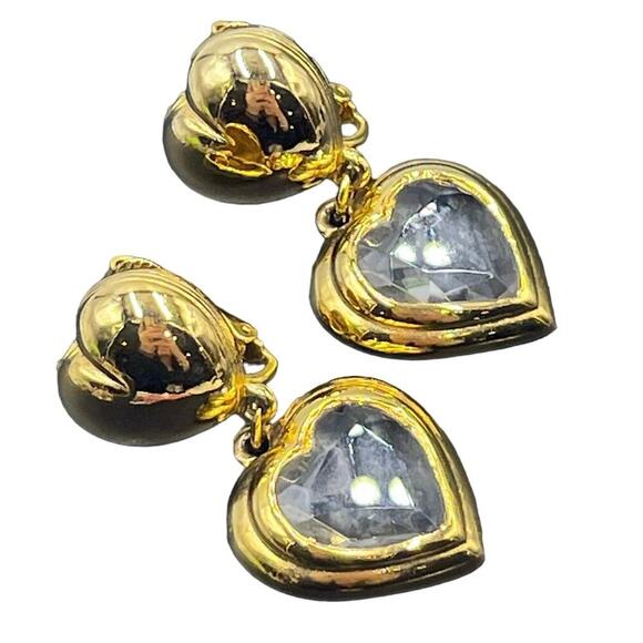 Gold Tone Unsigned Faceted Heart Dangle Clip On Earrings High End - Picture 2 of 13